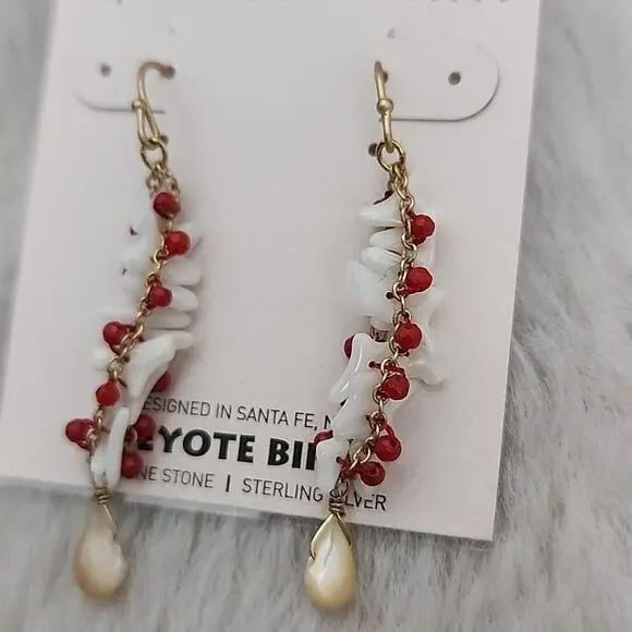 NEW Peyote Bird Free Spirit Gold Chain Red Spiral Earrings with Shell Accents - Picture 8 of 8
